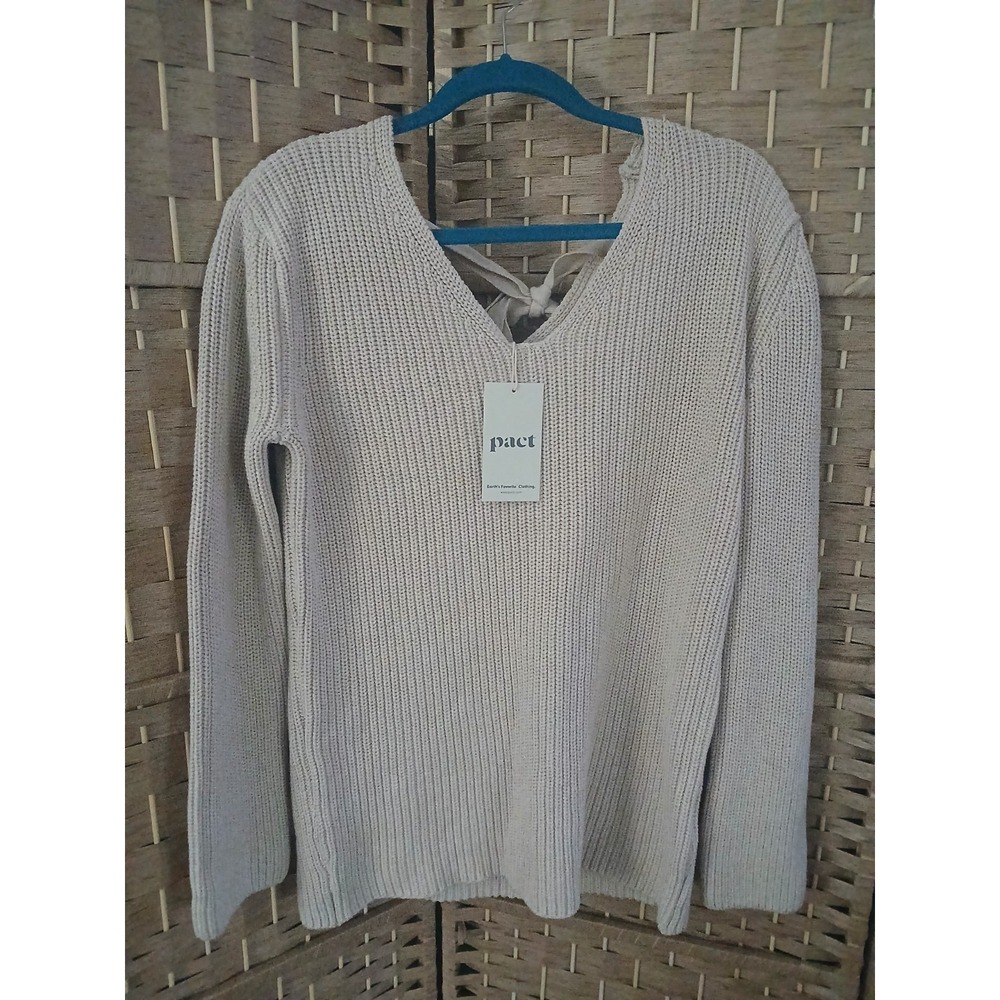 NWT Pact Women's Organic Cotton Cream V-neck Knit Sweater Tie Bow Detail Sz S